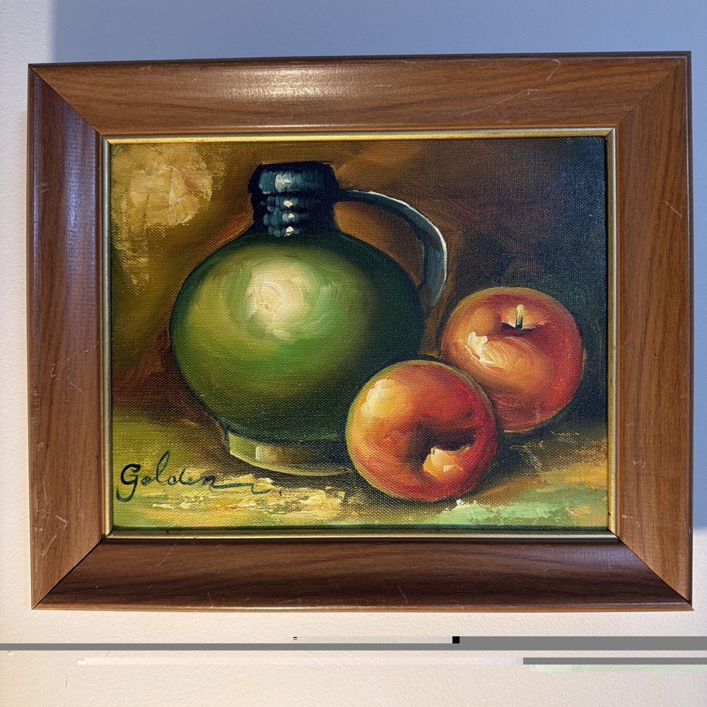 Vintage Oil/Canvas Still-Life Painting Framed Signed Golden Artist Jug & Apples